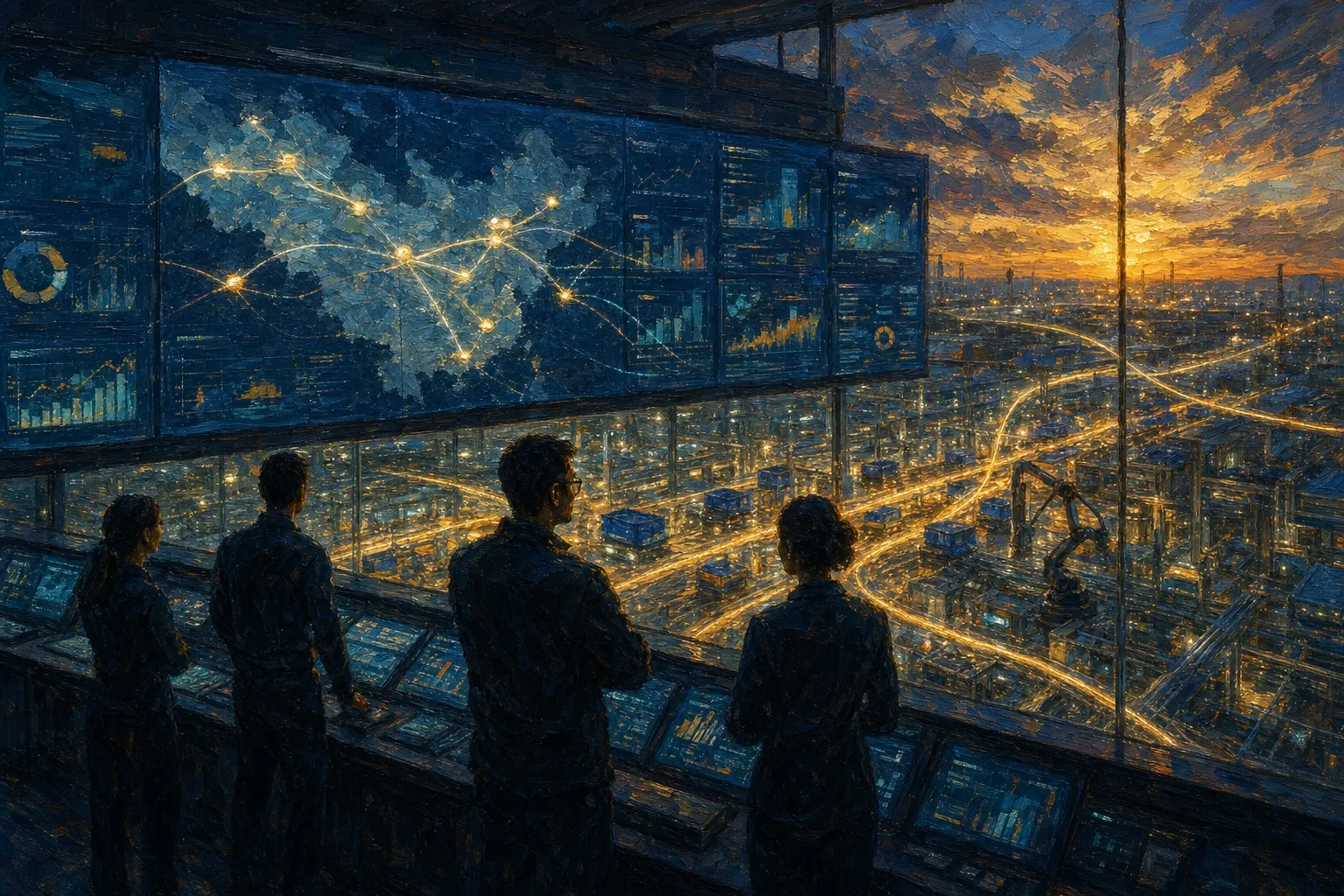 暮色中的数字化指挥室俯瞰工厂——供应链数据大屏与物流光带
